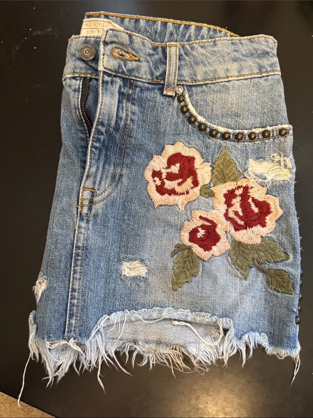 Free People Light Blue Denim miniskirt with embroidered roses
